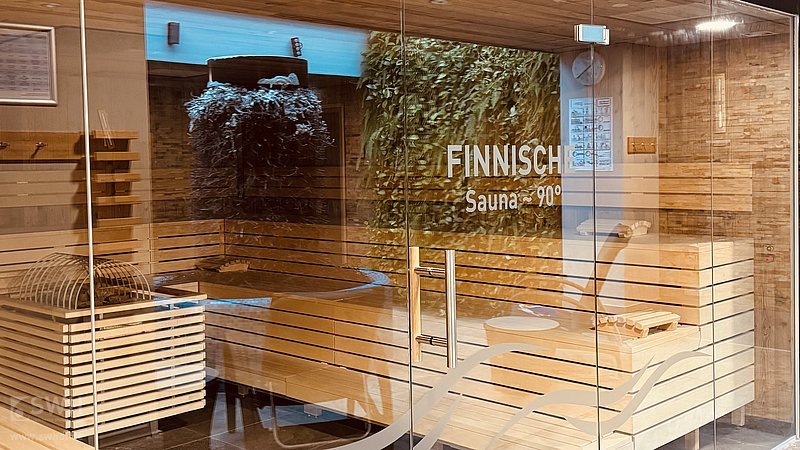 Blick durch die Glastür in die Finnische Sauna im Rolli-Bad